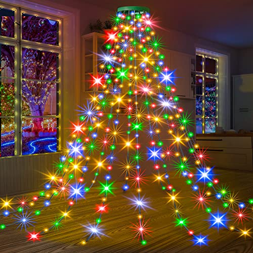 Christmas Tree Lights with Ring, 6.56FT x16 Lines 400LED Christmas Tree Waterfall String Lights with 8 Modes Timer Waterproof Xmas Tree Fairy Lights Indoor Outdoor for Xmas Tree Decoration-Multicolor