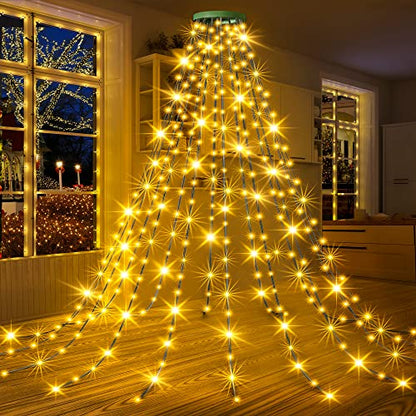 Christmas String Lights Outdoor 6.56FT x16 Lines 400LED Christmas Tree with Ring Waterfall with 8 Modes Timer Waterproof Xmas Tree Fairy Lights Indoor for Xmas Tree Decoration Warm White