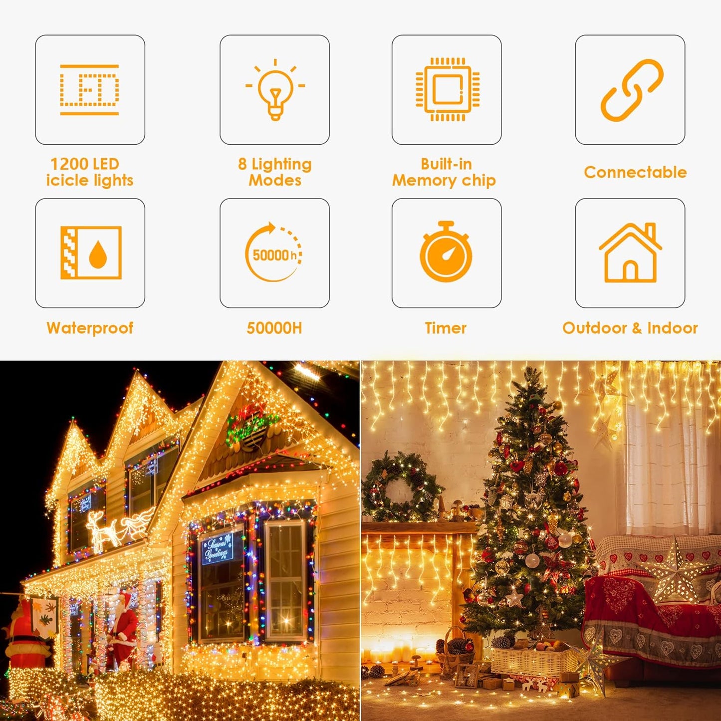 Icicle Christmas Lights Outdoor, 65.6FT 800LED Connectable Christmas Curtain String Lights with 8 Modes & Memory Timer Waterproof for Christmas Decorations Wedding Party Holiday (Warm White)