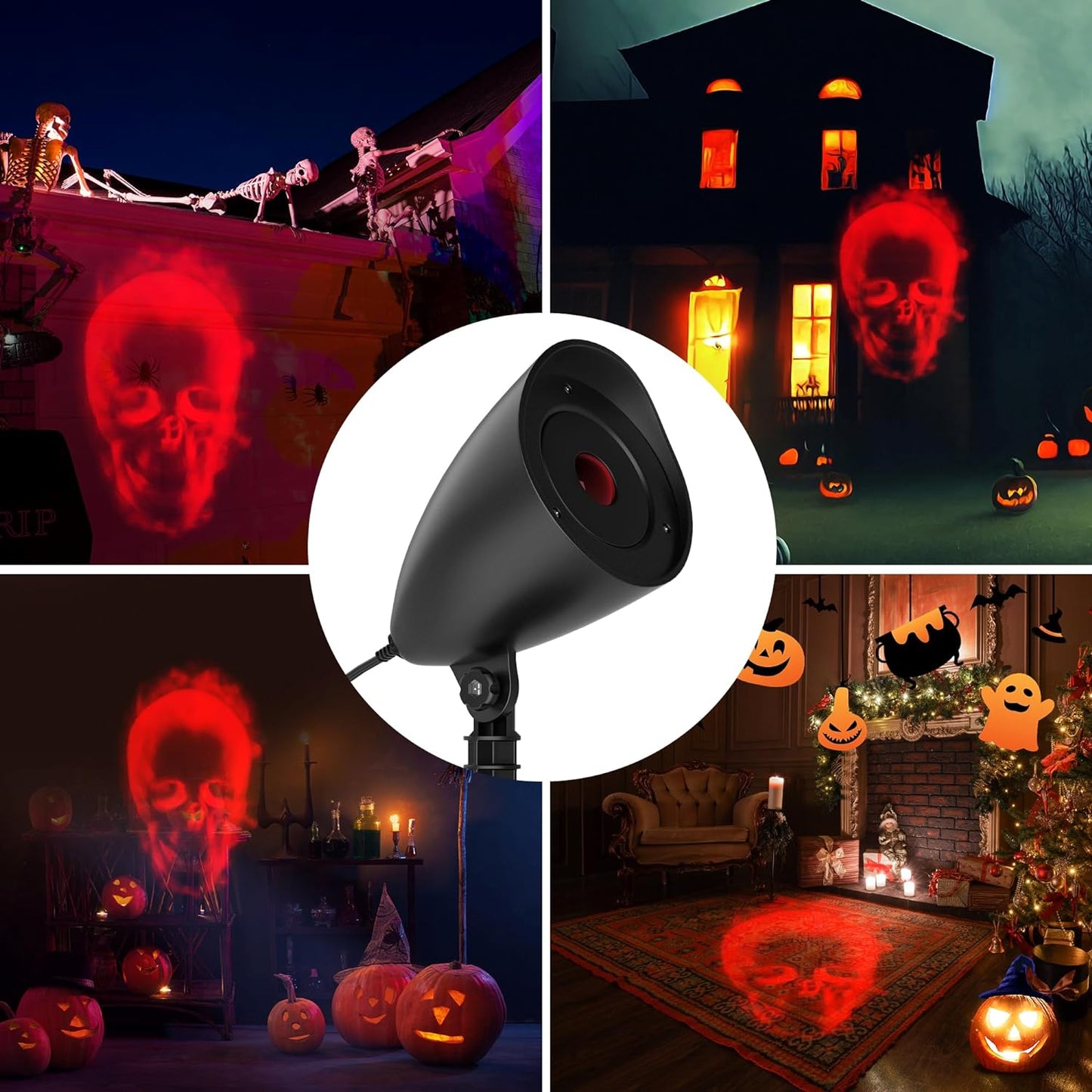 Halloween Projector Lights Outdoor Halloween Christmas Decorations Lights 3D Dynamic Skull Halloween Window Projector Waterproof Spooky Projector Lights Skeleton Scary Props Graveyard Indoor