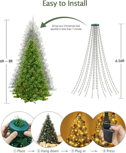 Christmas String Lights Outdoor 6.56FT x16 Lines 400LED Christmas Tree with Ring Waterfall with 8 Modes Timer Waterproof Xmas Tree Fairy Lights Indoor for Xmas Tree Decoration Warm White