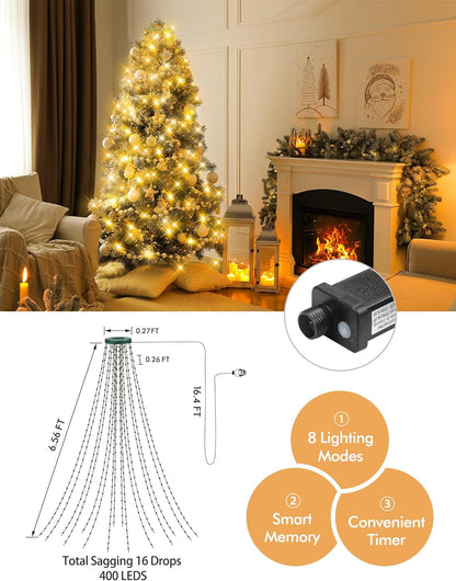 Christmas String Lights Outdoor 6.56FT x16 Lines 400LED Christmas Tree with Ring Waterfall with 8 Modes Timer Waterproof Xmas Tree Fairy Lights Indoor for Xmas Tree Decoration Warm White