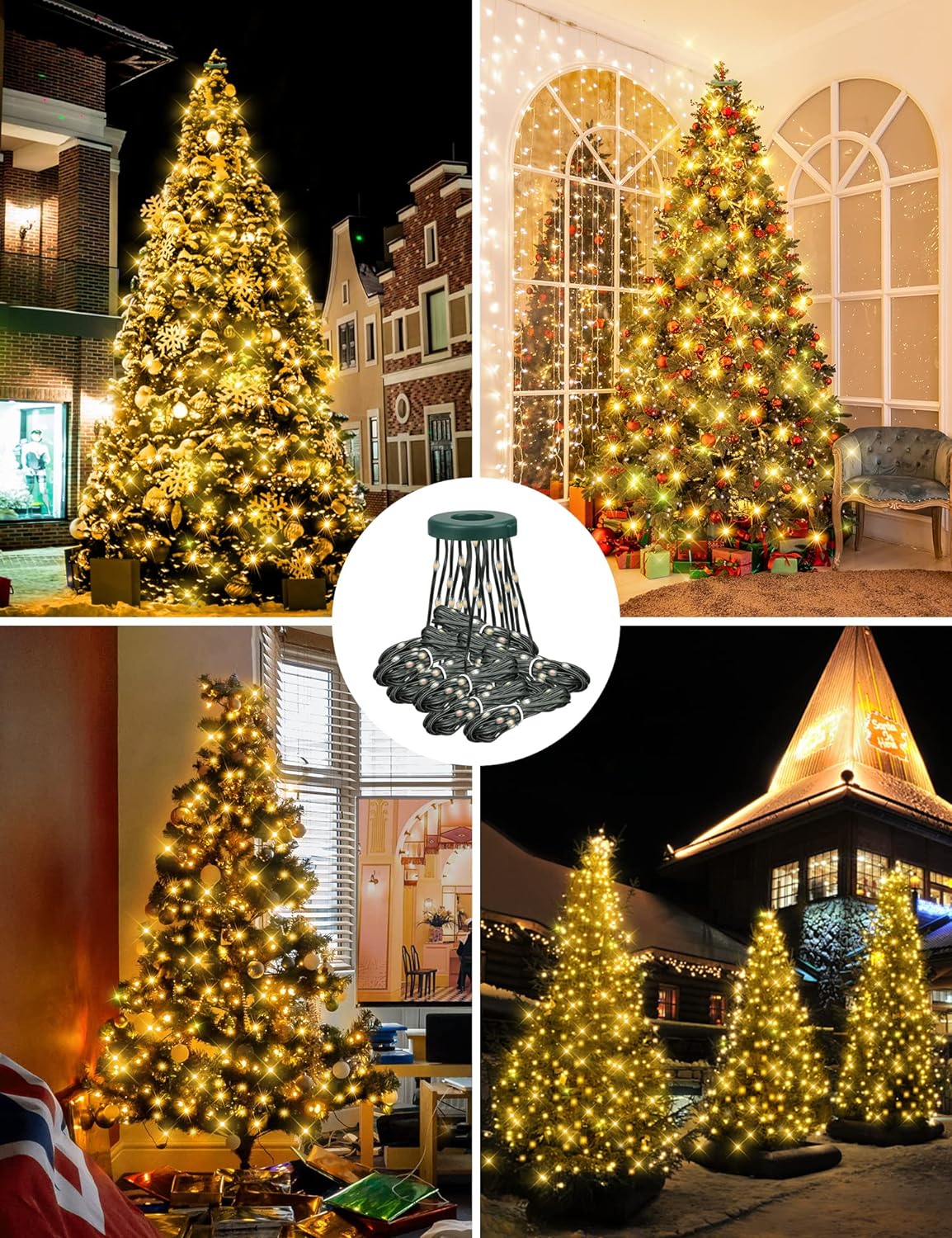 Christmas String Lights Outdoor 6.56FT x16 Lines 400LED Christmas Tree with Ring Waterfall with 8 Modes Timer Waterproof Xmas Tree Fairy Lights Indoor for Xmas Tree Decoration Warm White