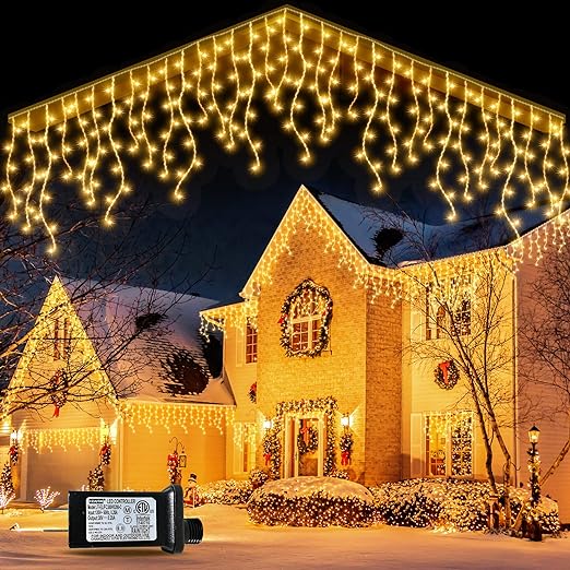 Icicle Christmas Lights Outdoor, 98.4FT 1200LED Connectable Christmas Curtain String Lights with 8 Modes & Memory Timer Waterproof for Christmas Decorations Wedding Party Holiday (Warm White)